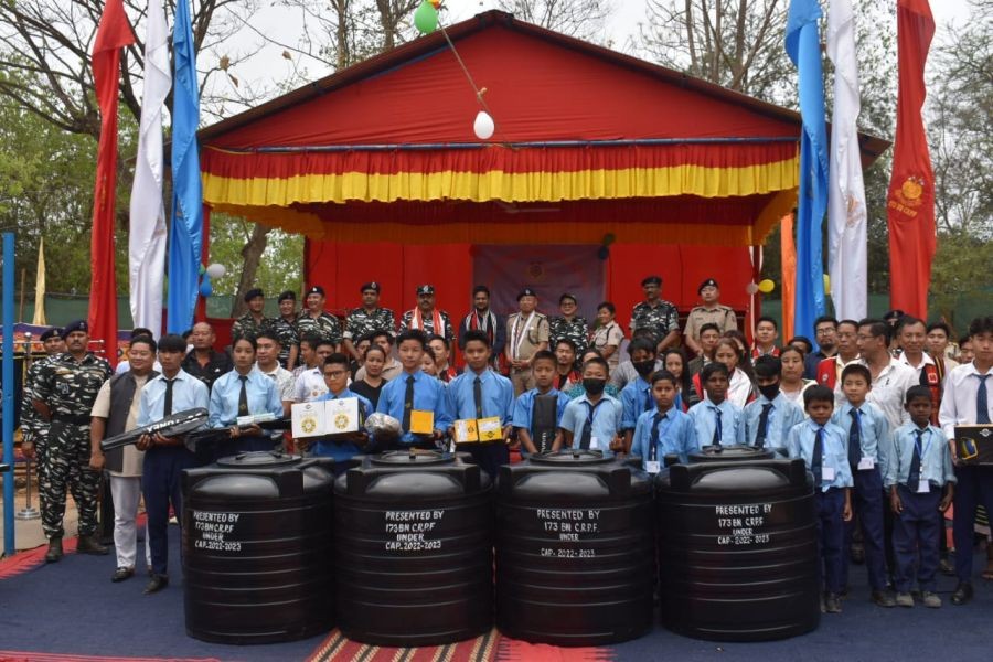 The 173 Battalion, CRPF, distributed water storage tanks and sports equipment to various schools including GMS Signal Angami; GPS Industrial Village, Razhuphe; GHS Lengrijan; St Stephens HSS, Hill View Colony; GHS Sabura Kashiram; Givekananda Blooming Buds School, Duncan and needy people in Induatrial Village Razhuphe, Kacharigaon, Kashiram, Kuda Village, Indisen Village, Khushiabil Village, Hill View Colony and areas near CRPF Transit Camp, Razhuphe, on March 17 as part of its Civic Action Progamme. (Photo Courtesy: 173 Bn, CRPF)